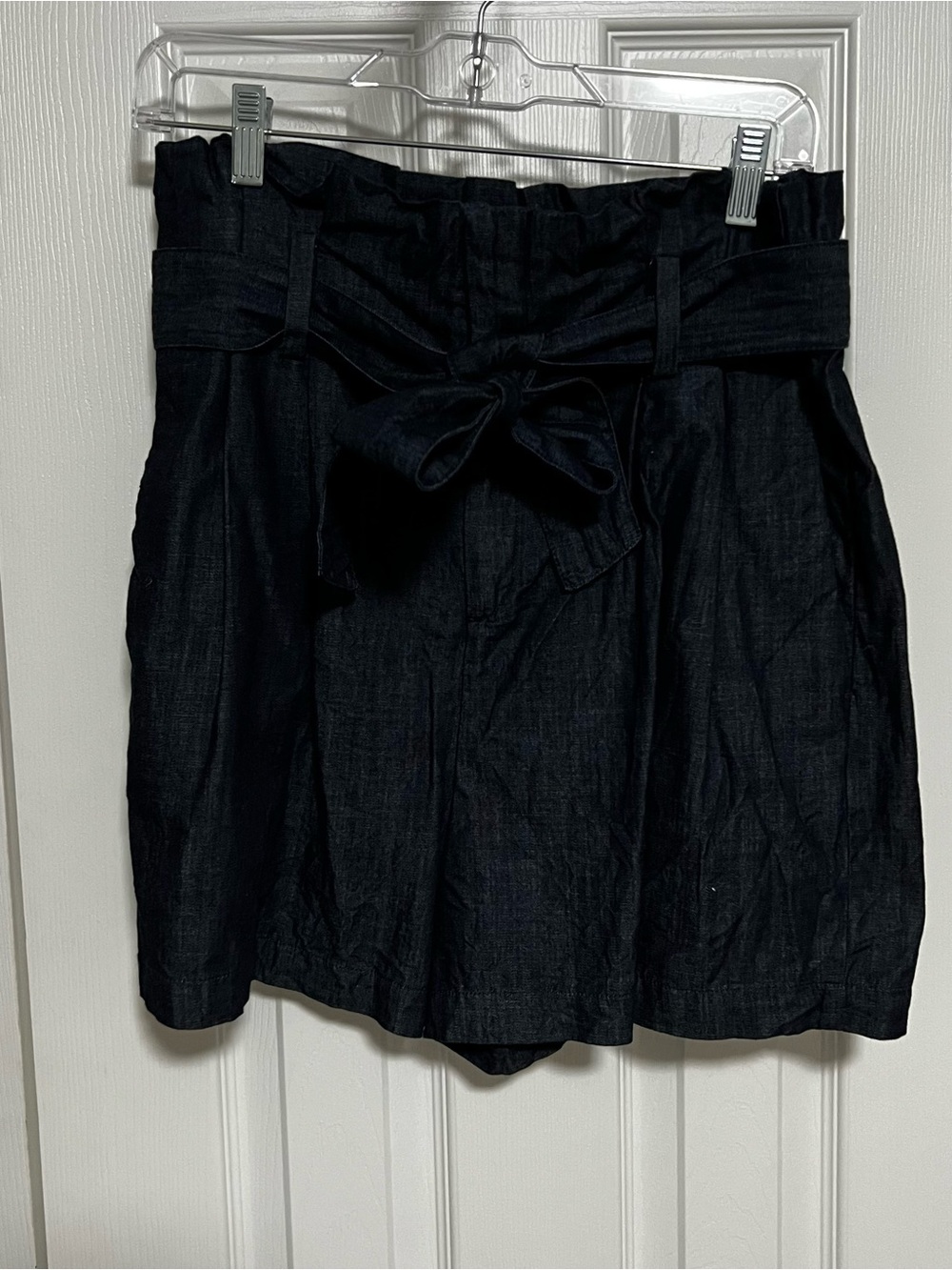 High-Waist Paperbag Tie Front Dark Denim Shorts